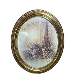 Vintage Oval Floral Print in Ornate Gold Frame – Daisies & Wildflowers – Rustic